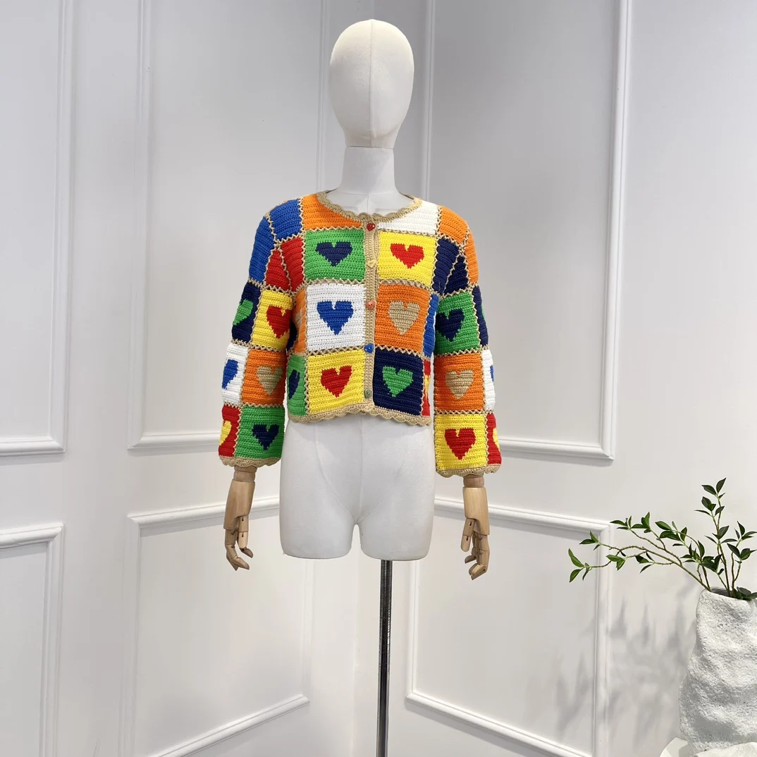 

High Quality 2023 Handwork Heart Checked Wave Edge Patchwork O-neck love buttons Knit Sweater Cardigans