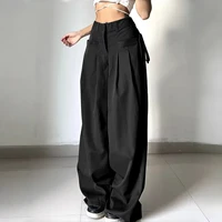 Black Shirring Wide Leg Pants Women High Waist Casual Loose Trousers Streetwear Korean Retro Office Basic Y2K Lady Fashion