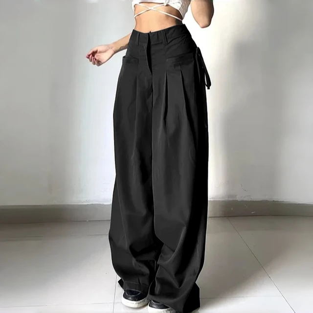Black Shirring Wide Leg Pants Women High Waist Casual Loose Trousers Streetwear Korean Retro Office Basic Y2K Lady Fashion