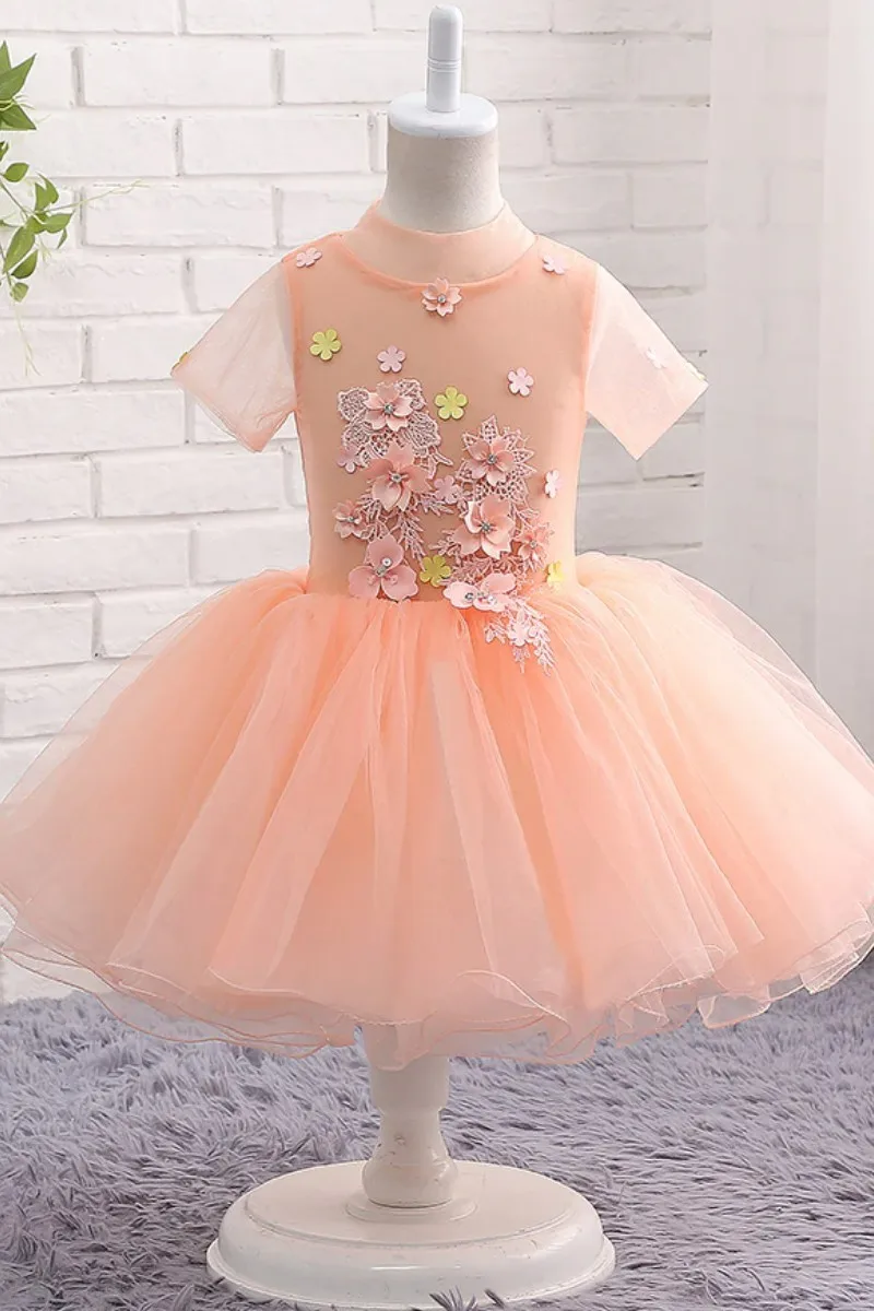 

Flower Girl Dresses Peach Toddler Puffy Tulle With 3D Flower Fit Wedding Party Birthday First Communion Gowns