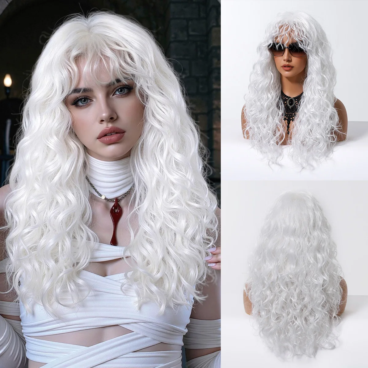 Easihair Black with Red Pink Highlight Long Straight Wig With Bangs Heat Resistant Synthetic Hair Gothic Halloween Cosplay Wigs