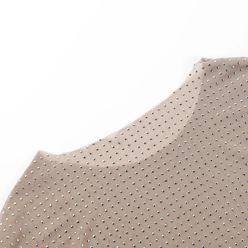 Glitter Sexy See-Through T-shirt Female Hollow Out Patchwork Long Sleeve Solid Sequin Pullover Top Women Sparkle Slim Tee