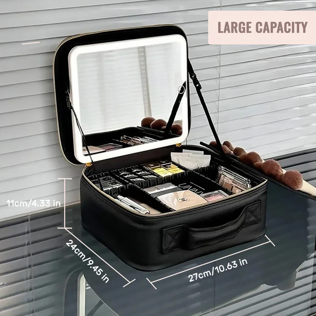 Travel Makeup Bag With LED Lighted Mirror, Makeup Train Case With Adjustable Dividers For Home,Gift,Vacation 2