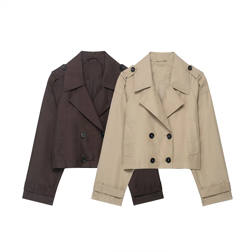 Women's Fashion Double Breasted Short Trench Coat Turn-down Collar Long Sleeve Coats Vintage Female Outerwear Chic Tops - 6