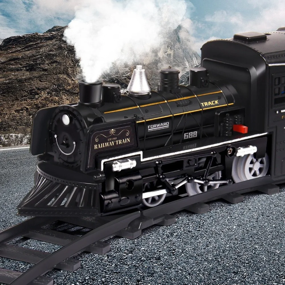 Simulation Steam Train Model Railway Classical Railway Freight Electric Train Track Toy Boy with Smoke Children's Gift