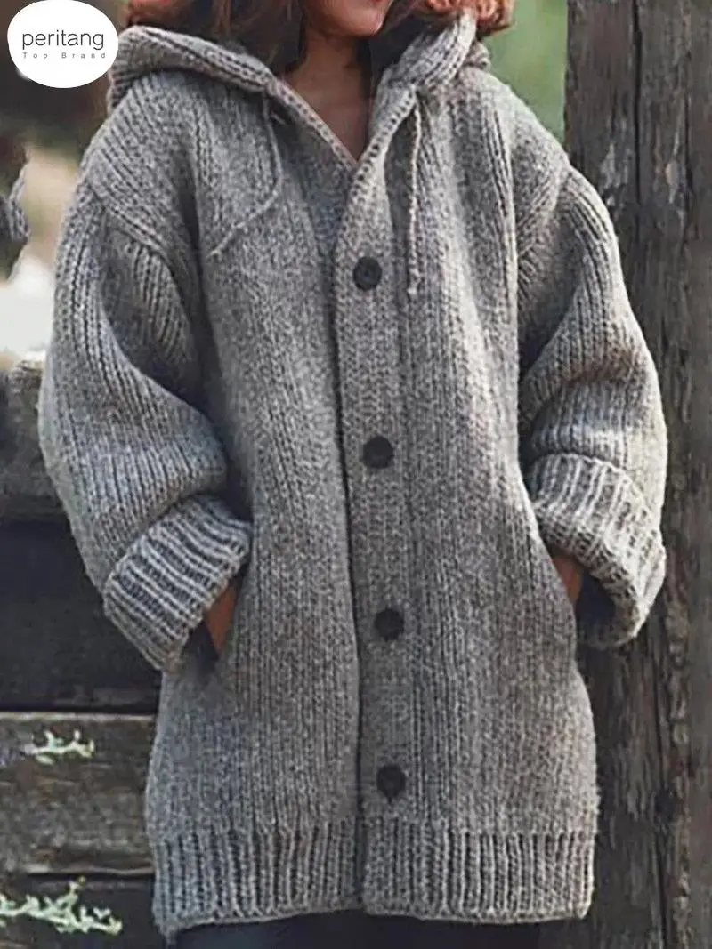 

2024 длинный кардиган с капюшоном, Женская плотная вязаная верхняя одежда, длинные женские куртки, женские свитера, пальто на осень и зиму