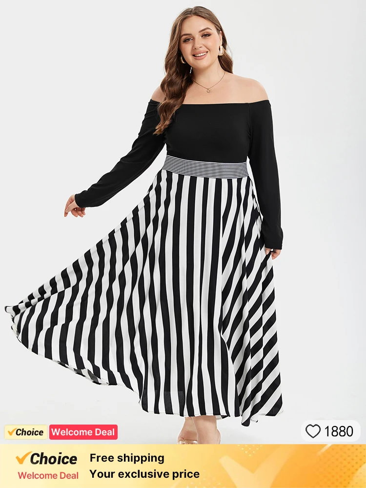 

Plus Sized Clothing Women Sexy Off Shoulder Elegant Stripe Printed Maxi Dress Long Sleeve Elastic Waist High Low Dress