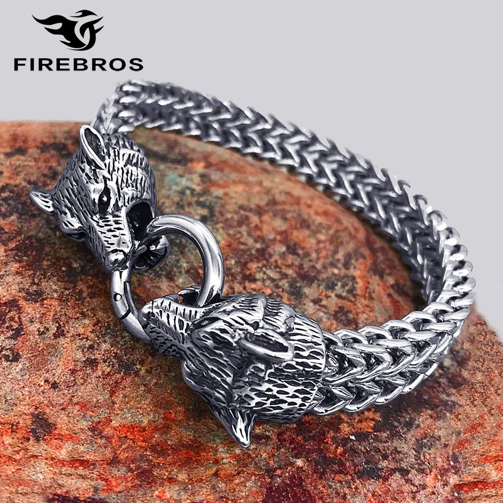 

FIREBROS High Quality Foxtail Chain Stainless Steel Wolf Head Viking Bracelet Bangle Men Rock Punk Biker Jewelry Dropshipping