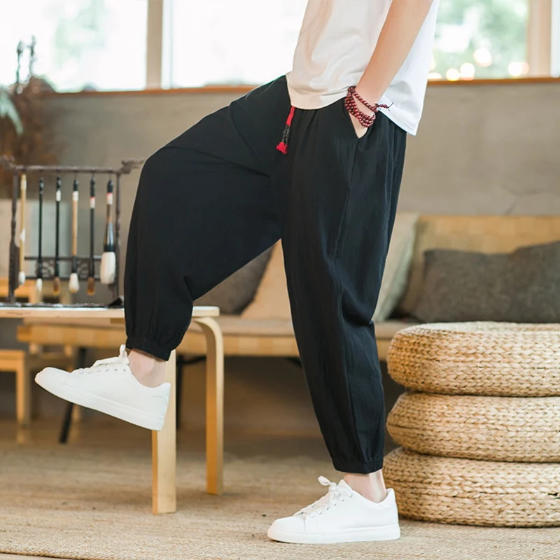 Men's Cotton and Hemp Pants M-5XL Spring and Autumn Men's Cotton and Hemp Pants Loose Drawstring Lantern Pants Haren Japanese Casual