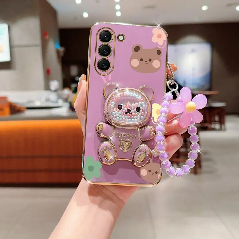 Charming Floral Bear Lanyard Phone Holder Case with Stand Feature