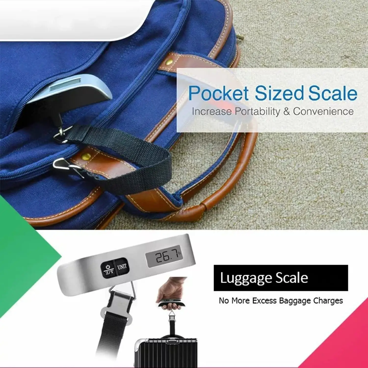 Pèse-bagage électronique numérique portable, max. 50 kg/110 lb - avec fonction tare et