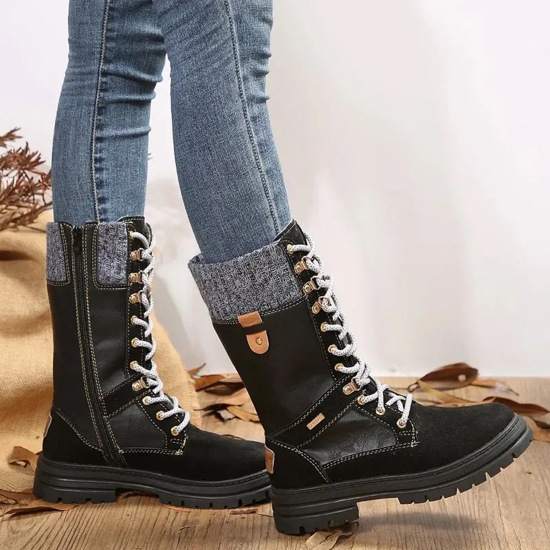 2024 Women Winter Buckle Knitted Mid-calf Boots New Low Heel Round Toe Boots Top Quality Winter Warm Boots