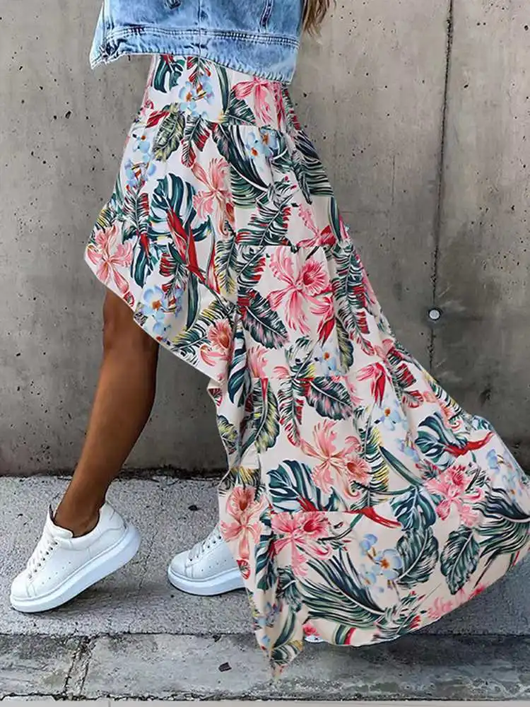 

2023 Summer Ruffles Printed Maxi Sundress Oversized Bohemian Women Skirts Casual ZANZEA Asymmetrical Female Elastic Waist Robe 1