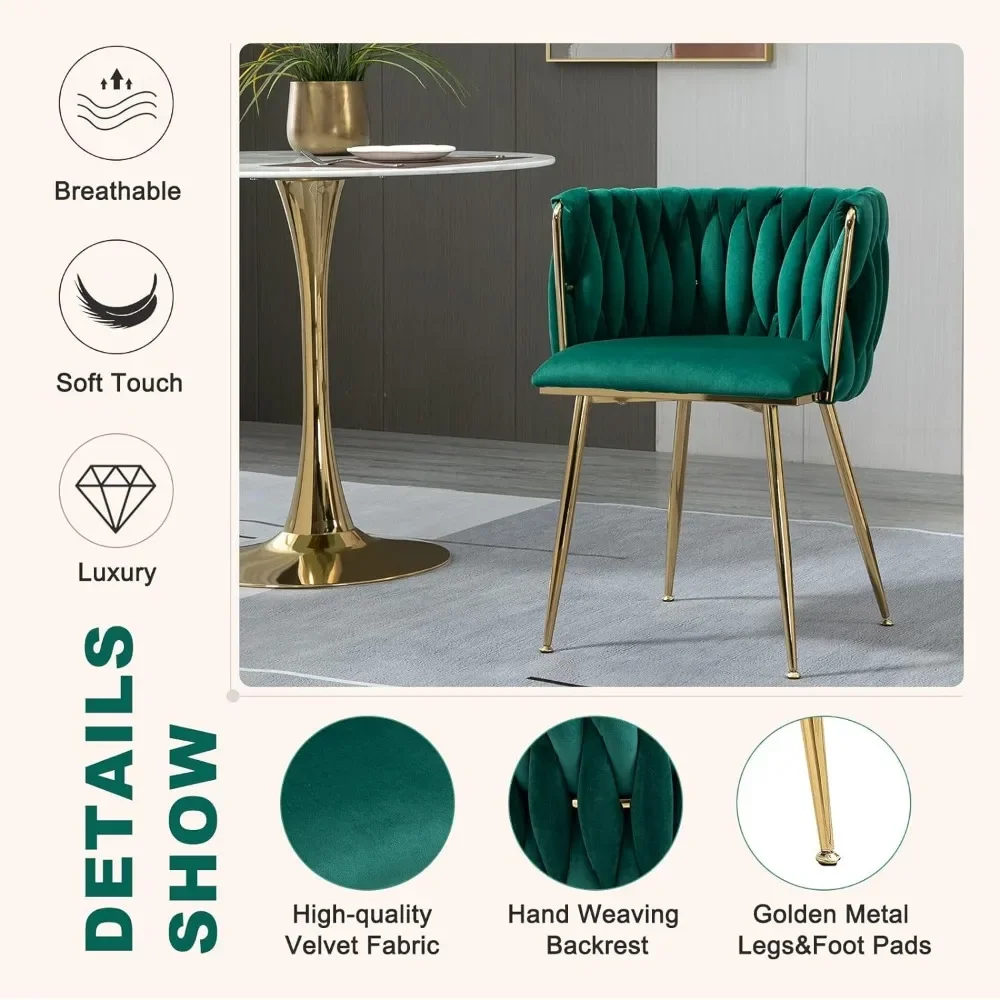 Modern Velvet Dining Chairs Hand Weaving Accent Chairs Living Room Chairs Upholstered Side Chair with Golden Metal Legs 3