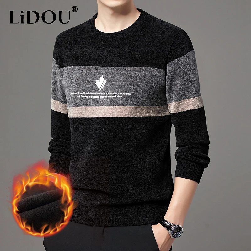 Autumn Winter New Solid Color Fashion Long Sleeve Sweater Men High Street Jacquard Weave Pullovers Plus Velvet All-match Tops