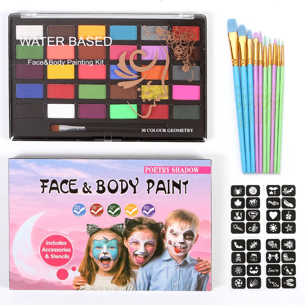 

30 Color Water-soluble Human Body Painting Pigment Paste Set 10 Brushes 4 Templates Stage Makeup Children Fast Drying New Style