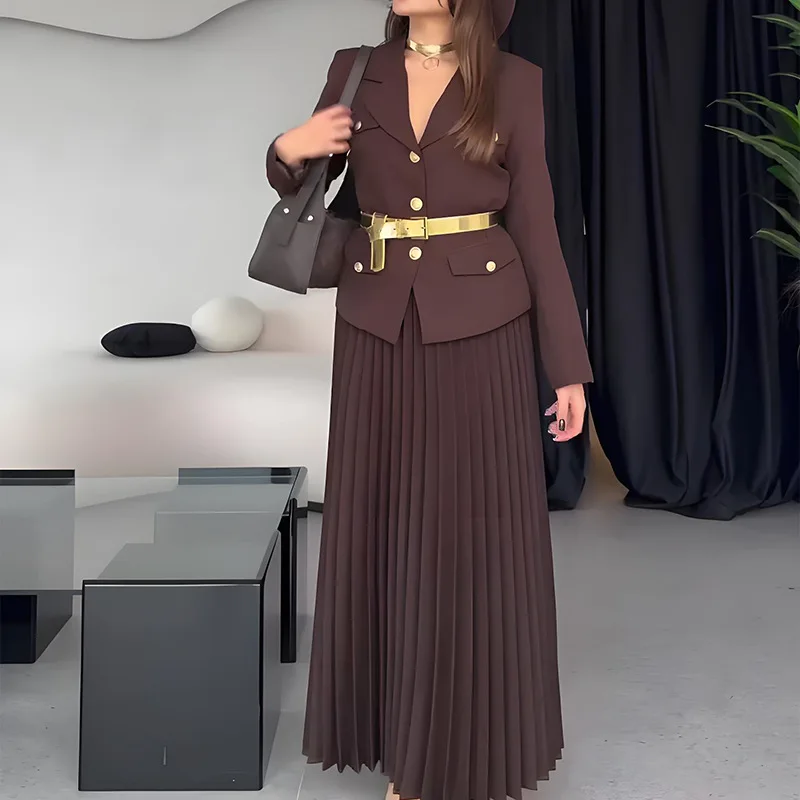 Long Dresses for Women Two Piece Dress Autumn Suit Collar Long Sleeve Pleated Skirt A-Line Slim Belt Black Dress Two-piece Set 5