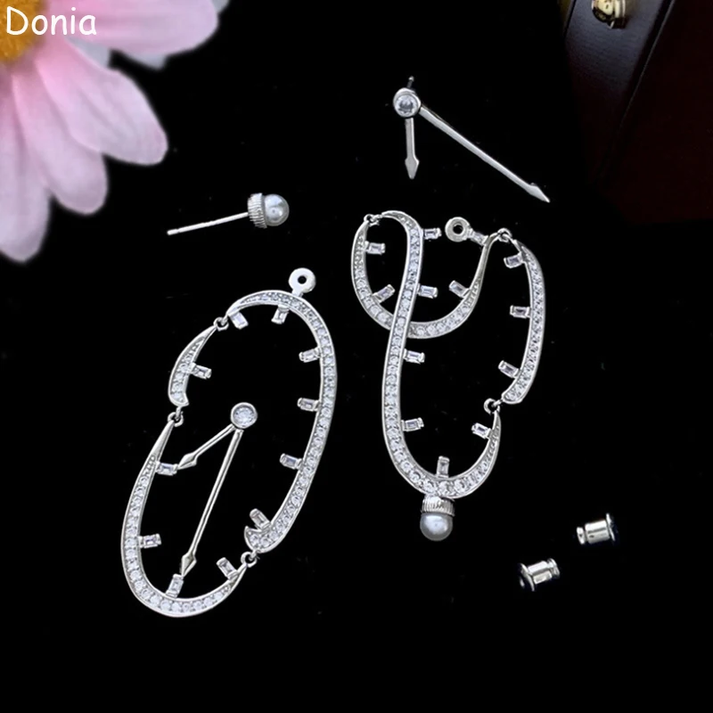Donia Jewelry European and American Court Elegant Clock Titanium Steel Micro-Inlaid AAA Zircon Silver Needle Earrings