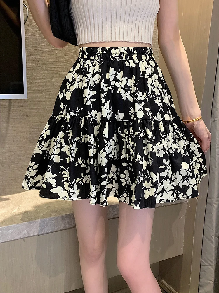 pink skirt Floral Skirt, Half-Length Skirt, Summer Women's High-Waisted Big Skirt, All-Match Elastic Waist A-Line Umbrella Skirt mini skirts for women