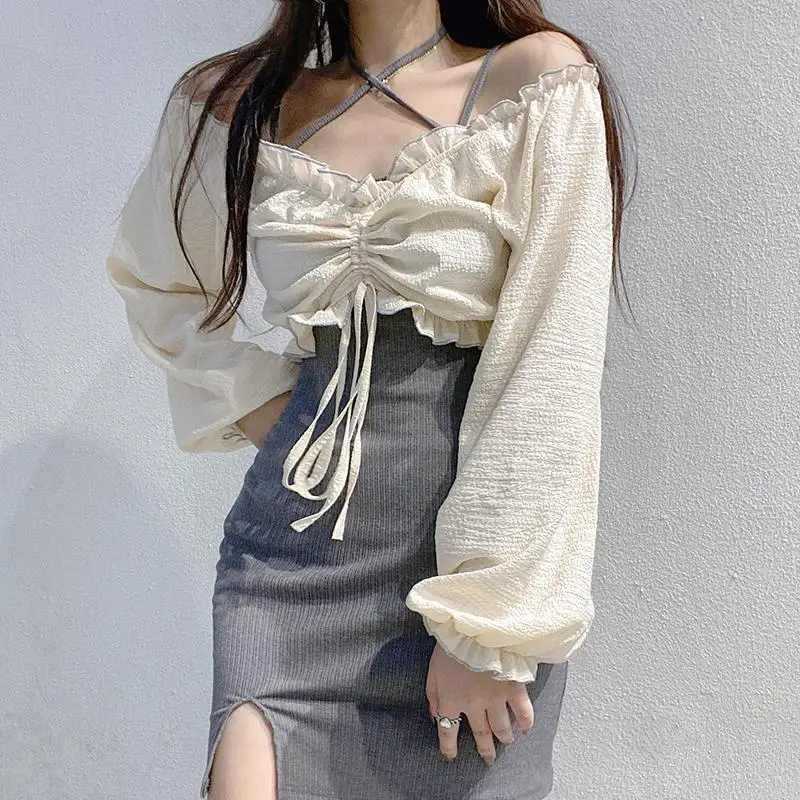 

Sweet and Pure Lust Wood Ear Design Off the Shoulder Long Sleeve Sexy Spicy Girls' Hip Wrap Dress Fashion Strap Small Set