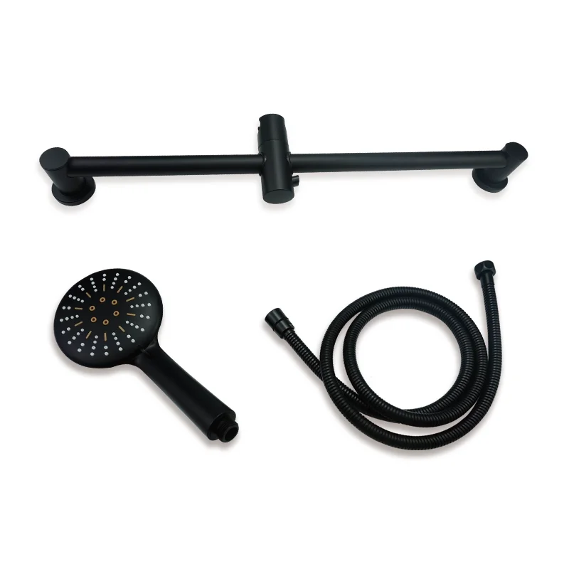 Wall Mounted Black Coating Shower Bar 3 Function Spray Hand Shower Head Stainless Steel Hose Adjustable Bathroom Sliding Bar Height Adjustable Shower Bar