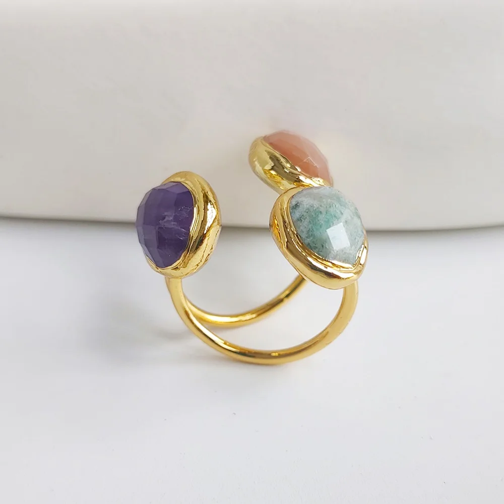 FUWO Wholesale Trendy Women Natural Gems Stone Cuff Ring Elegant Carved Crystal Jewelry Fit Female Wedding Party 5 Pcs/Lot RG023