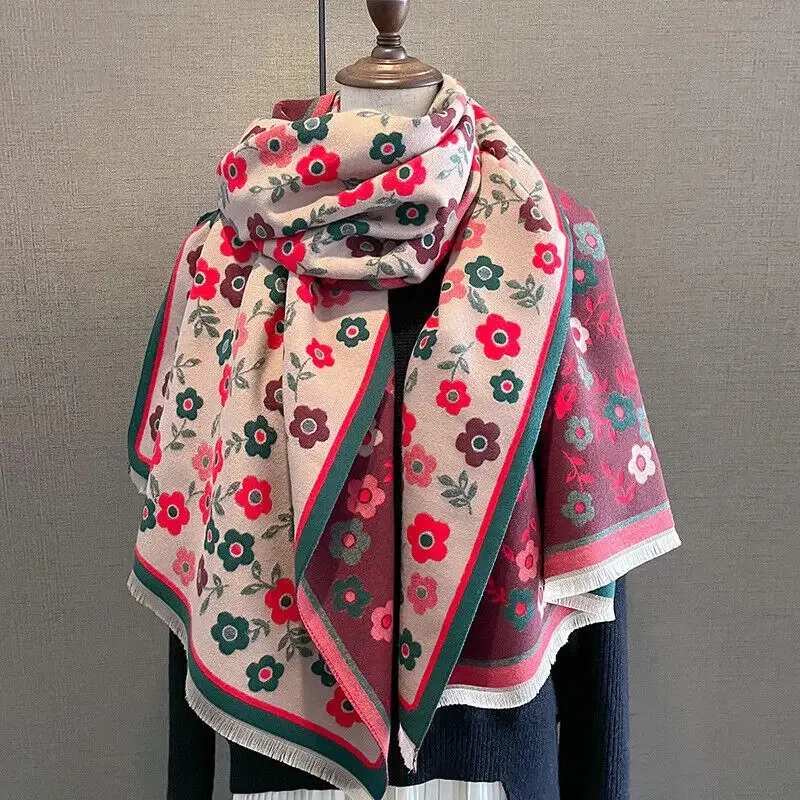 

Цветочный шарф, женская зимняя теплая Модная шаль для девочек, палантин из искусственного кашемира, 185*65 см