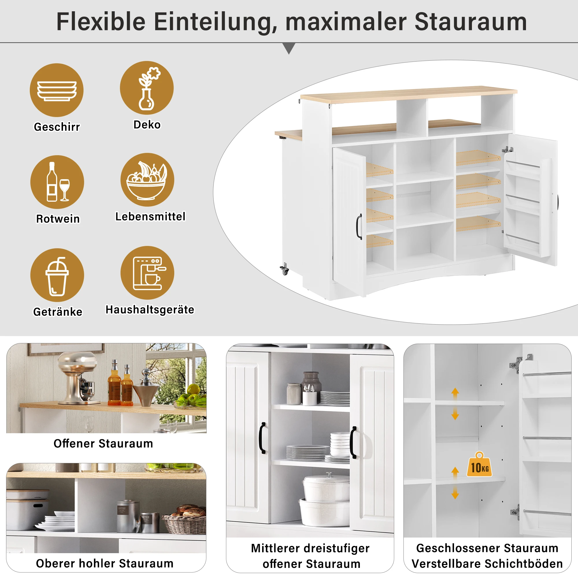 Kücheninsel auf Rollen, ausziehbarer Essbereich mit Stühlen, Sideboard mit viel Stauraum, ideal für Küche und Esszimmer – Detail 8
