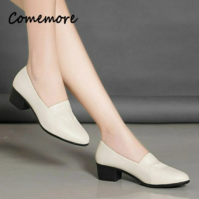Comemore Loafers Shoes Women Medium Heels Leather Black Lady Work