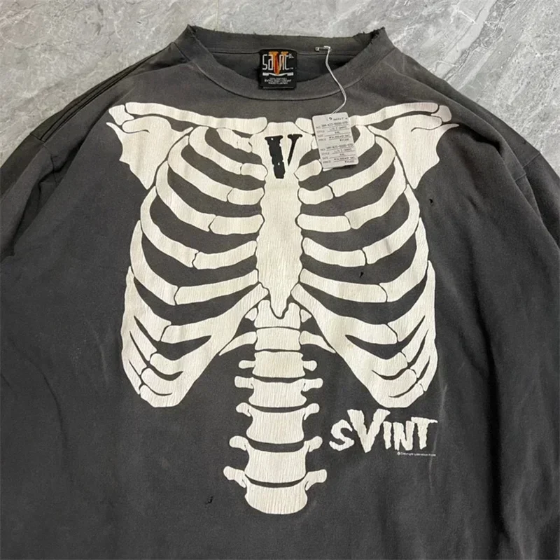 

24ss Oversized Saint Michael Pullover Men Women 1:1 Skull Skeleton Print Vintage Washed Long Sleeves
