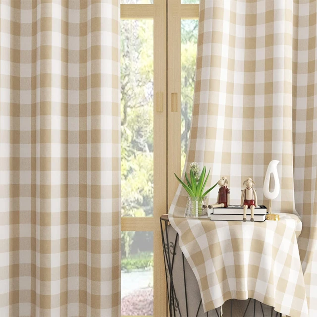 1pc farmhouse khaki grid through pole tende, adatte per camere da letto, soggiorni e sale studio 3