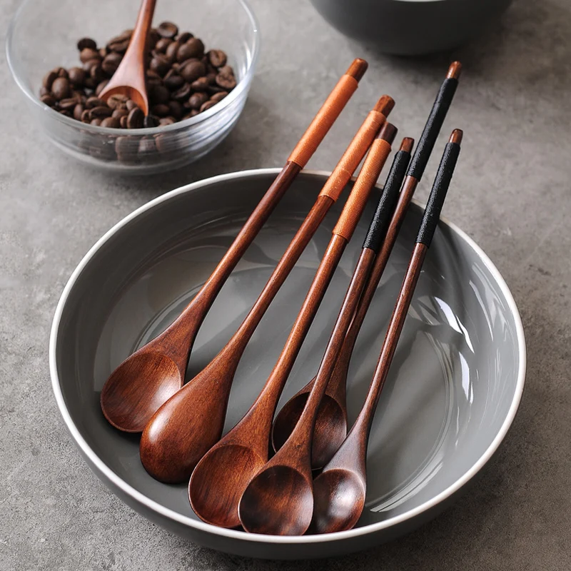Wooden Spoons Handcrafted Nanmu Spoon Ellipse Coffee Tea Soup Spoons 20cm Set of 2 