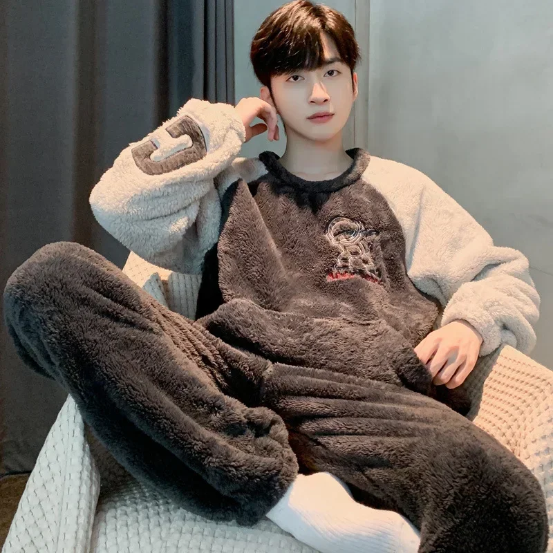 

Мужская теплая пижама из кораллового бархата, осенне-зимняя утепленная фланелевая одежда для сна, Свободная Домашняя одежда с длинным рукавом, комплекты домашней одежды, 2024