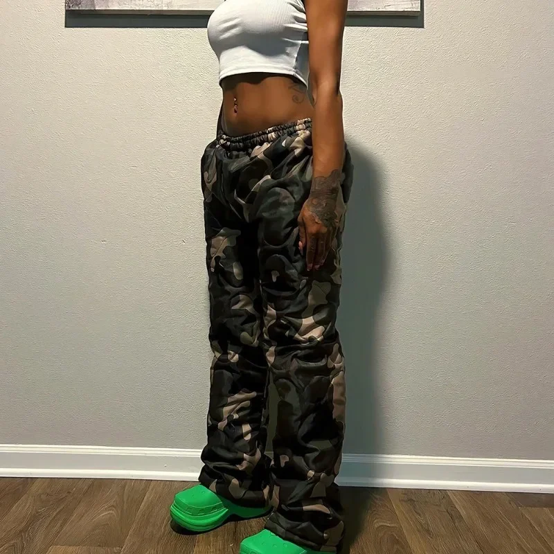 Camouflage Padded Cotton Loose Casual Straight Pants Women Streetwear 2023 Winter Fashion Elastic Mid Waist Trousers