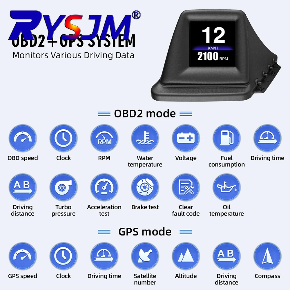 P8 HUD OBD2 + GPS ordenador de bordo pantalla frontal tacómetro de coche Turbo presión de aceite RPM velocímetro de temperatura del agua 1