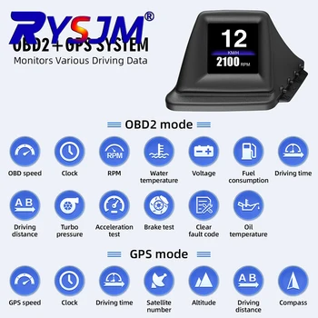 P8 HUD OBD2 + GPS ordenador de bordo pantalla frontal tacómetro de coche Turbo presión de aceite RPM velocímetro de temperatura del agua 1