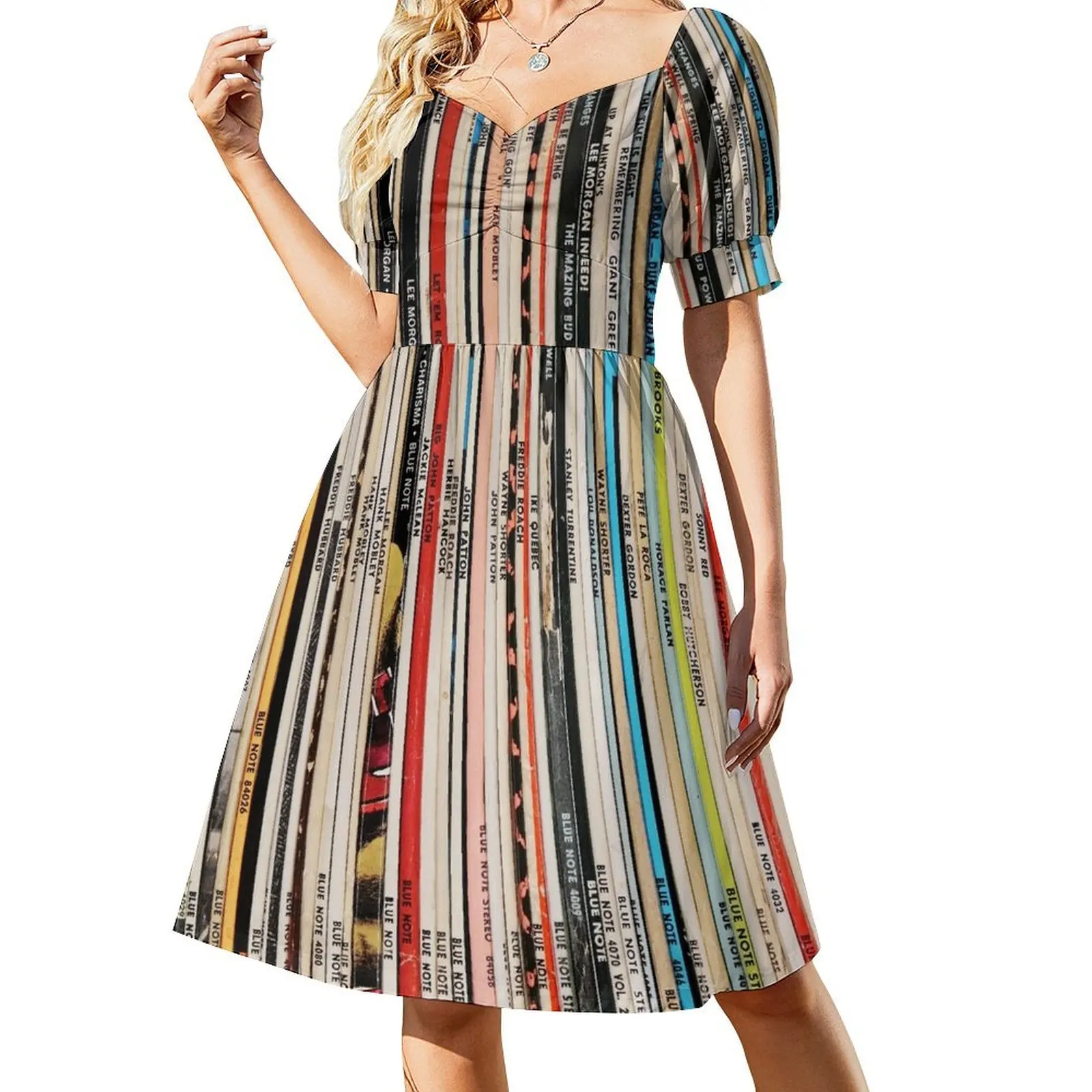 thumbnail image 1 of Vestido de manga corta de la colección Blue Note Vinyl para mujer, mono de verano, vestido vintage para mujer, 1 of 8