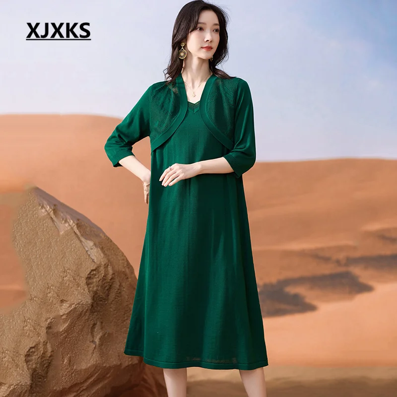 

XJXKS 2023 Summer New Fashion Fake Two Women's Dresses Solid Color All-match Loose Oversize Linen Knit Vestidos