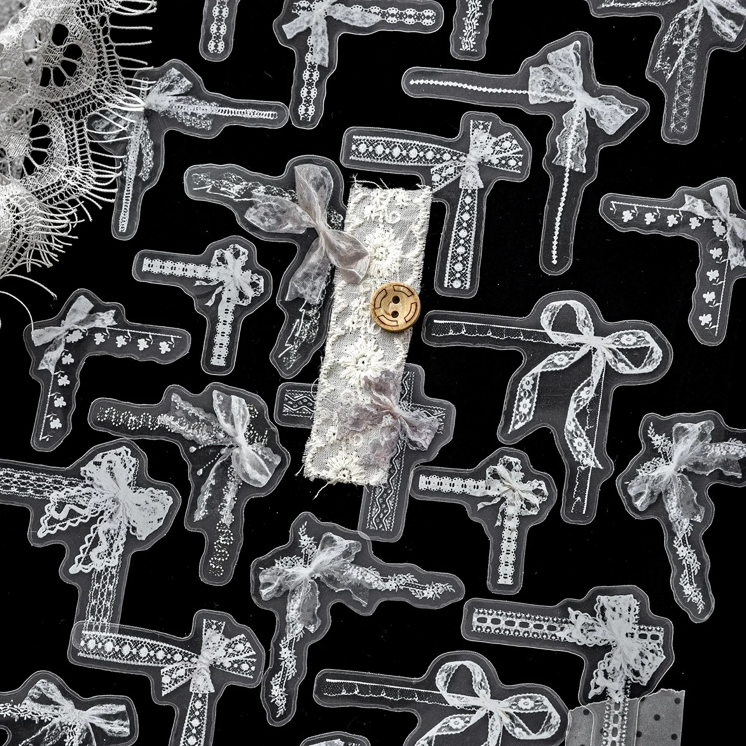 30Pcs 앤티크 레이스 저널 스티커, 빈티지 PET 화이트 잉크 테두리 데칼, 수제 일기 및 앨범을 위한 DIY 스크랩북 공예 용품