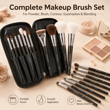 Set di Pennelli per Trucco per Principianti 14 Pezzi, Pennelli per Viso e Occhi con Custodia da Viaggio per Cipria, Blush, Fondotinta, Contouring e Sopracciglia