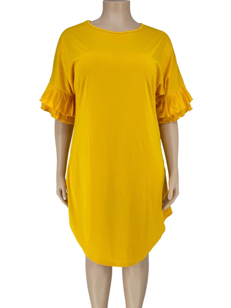 Yellow Loose Dresses Plus Size 4XL 5XL Short Sleeve Casual Office Lady Knee Length African Gowns Summer Outfis for Women 2023
