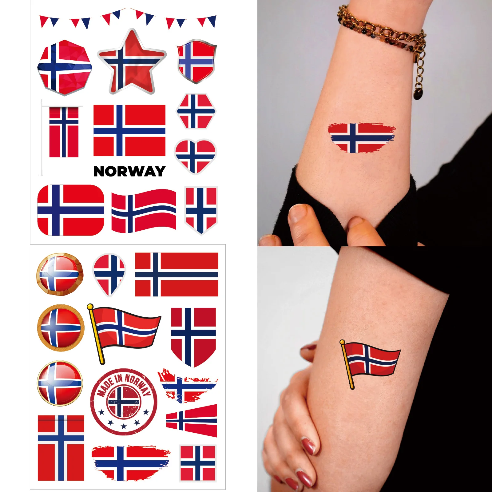 2pcs Norway Flag Design Temporary Tattoo Stickers Patriotic Party Fans Arm Tattoo Body Art for Women Men National Day Makeup