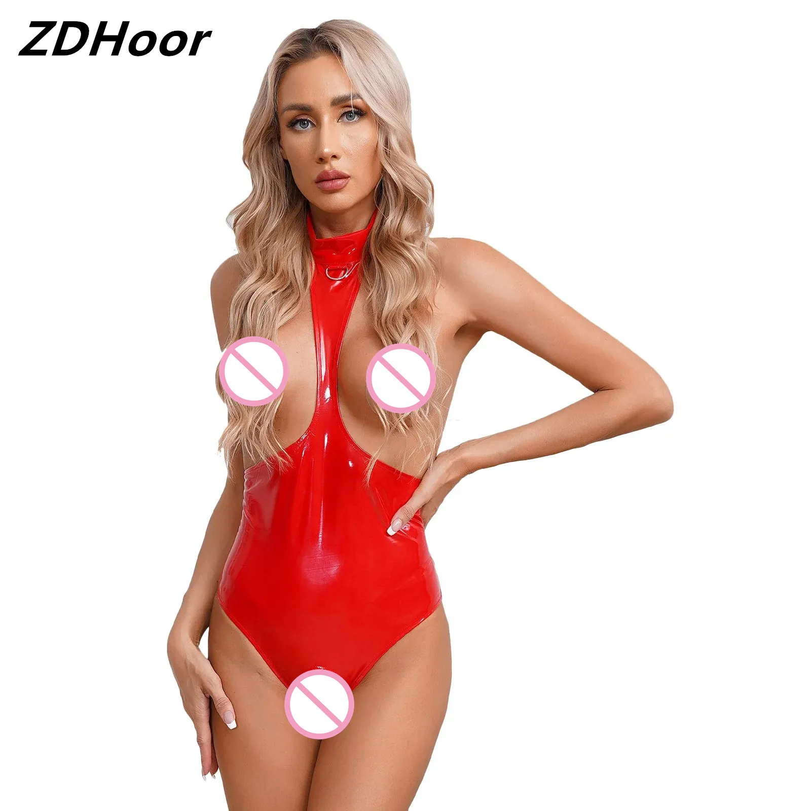 

Womens Open Chest Halter Bodysuit Backless Crotchless Catsuit Wet Look Patent Leather Sleeveless Leotard Lingerie Nightwear