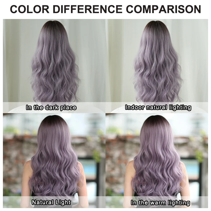 Ombre Gray Purple Beauty Wig 22-26 inches!! Ombre Purple Wigs for Women Long Wavy Dark Brown Roots Ash  main image 2