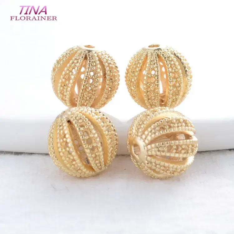 6PCS 10MM 12MM 14K Gold Überzogene Messing Metall Hohle Runde Perlen Armband Perlen Hohe Qualität diy Schmuck Zubehör