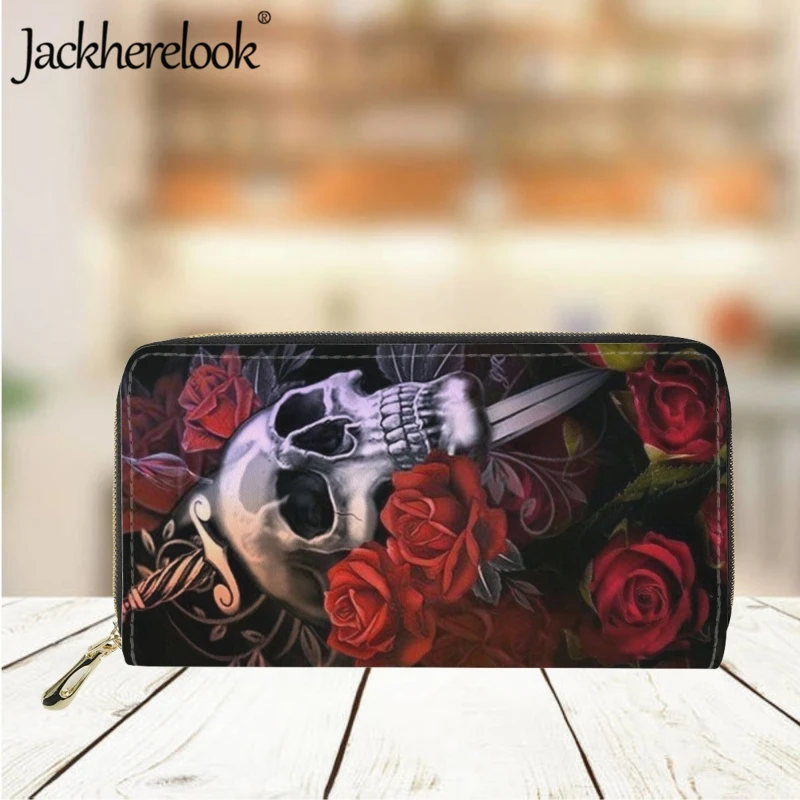 Jackherelook Horror Wallet for Women Fashion Skull Rose Sword Print Design Long Leather Luxury Purse Card Holder Girls Clutch
