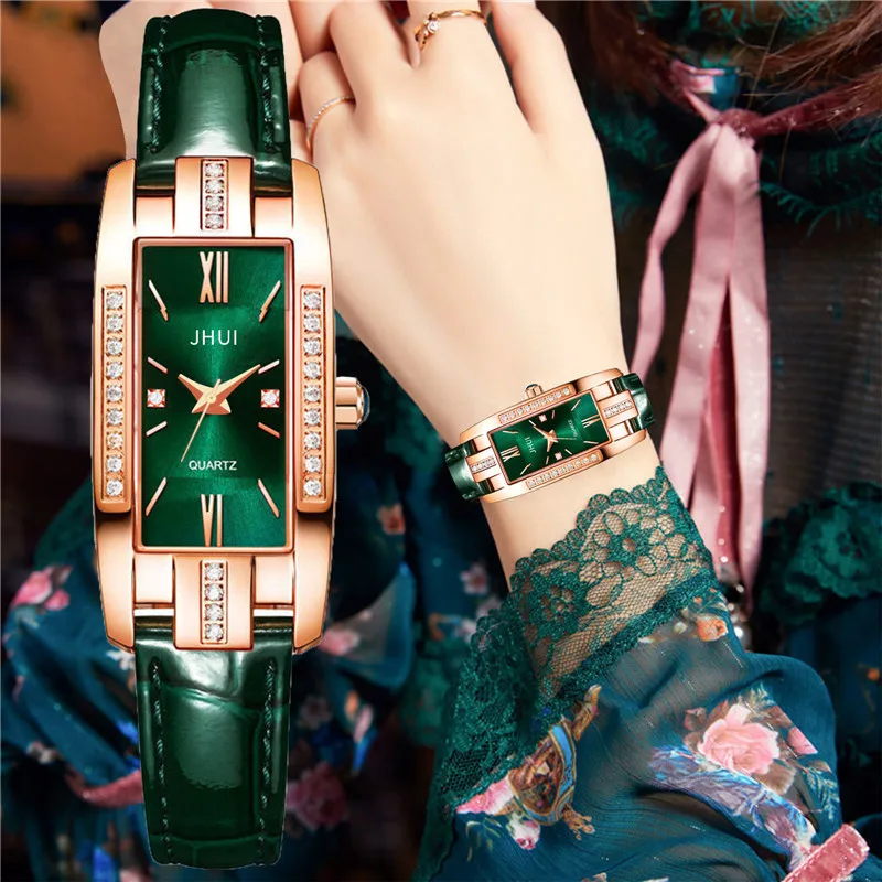 

Sdotter Green Rectangle Dial Watch Women Luxury Rhinestone Ladies Wristwatches Fashion Female Clock Gift New montre femme reloj