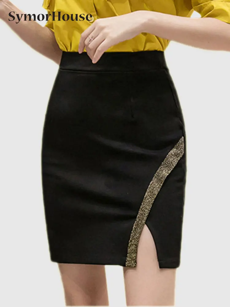 

Spring Summer New Fashion Women Skirt Striped Edge High Waist Stretch Split Pencil Skirts Korean Slim Office Lady Short Skirts