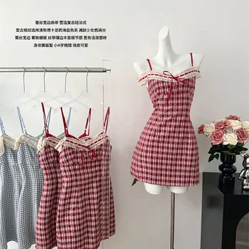 High Quality Plaid One-Piece Frocks Spring Summer Slash Neck Spaghetti Strap Dress Off Shoulder Sundress Sweet Elegant Fashion