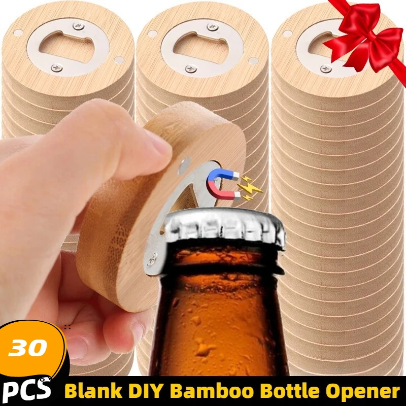 대나무 병따개 30개, 냉장고용 대량, 수제 DIY 자석형 빈 병따개, 냉장고 자..
